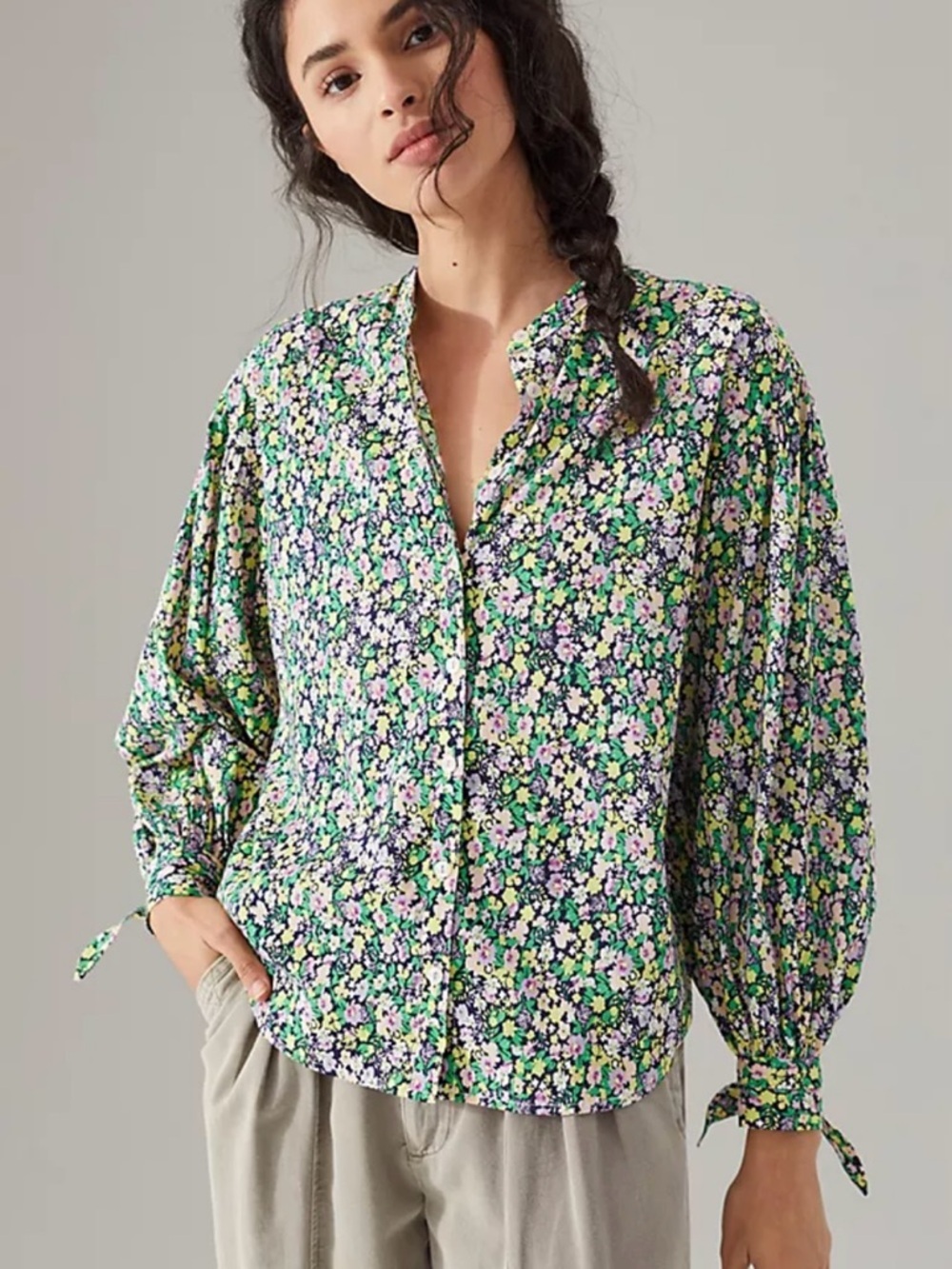 Maeve Anthropologie Ditsy Spring Floral Pillow Sleeve Collared Button Up Blouse